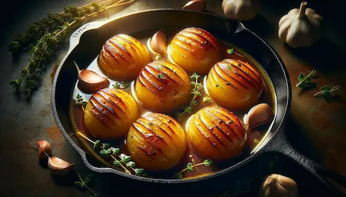 A bunch of seared potatoes in broth surrounded by aromatics in a cast iron pan