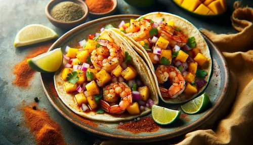 Shrimp and mango salsa in a tortilla surrounded by spices, limes, garlic, and oil